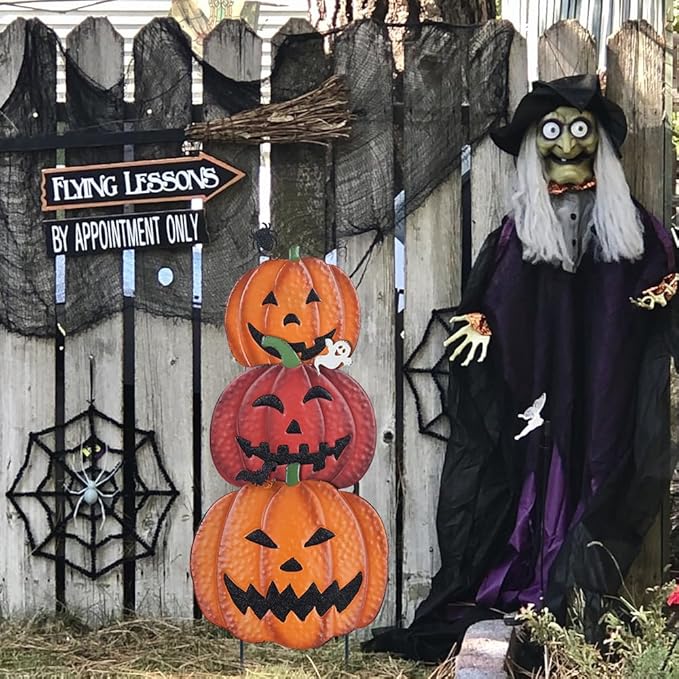 Hogardeck Halloween Decorations: 34" Garden Stakes with 3 Pumpkins & Jack O Lantern Metal Yard Signs for Lawn, Patio & Party