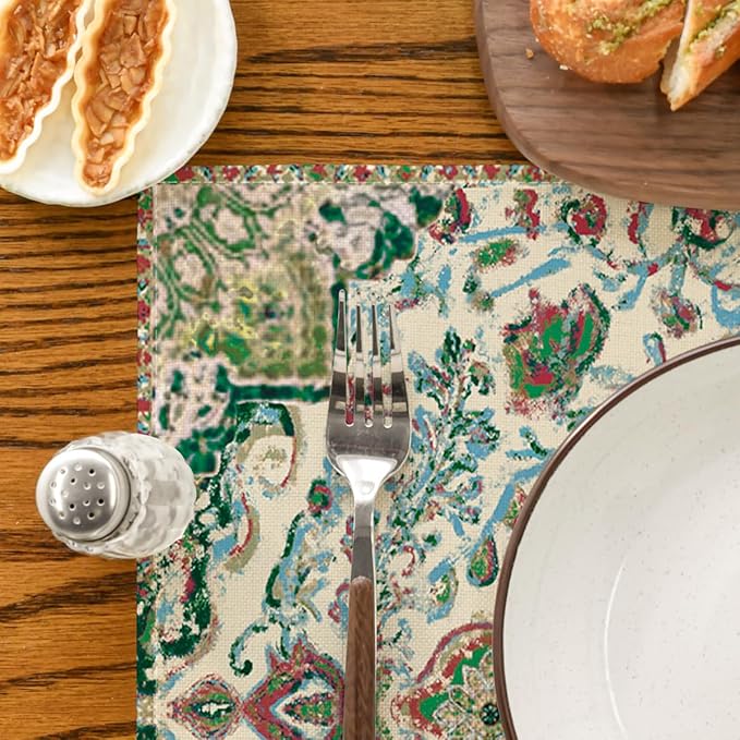 Artoid Mode Boho Placemats Set of 4, Daily Green Floral Bohemian Fall Table Mats for Home Party Dining Decoration 12x18 Inch