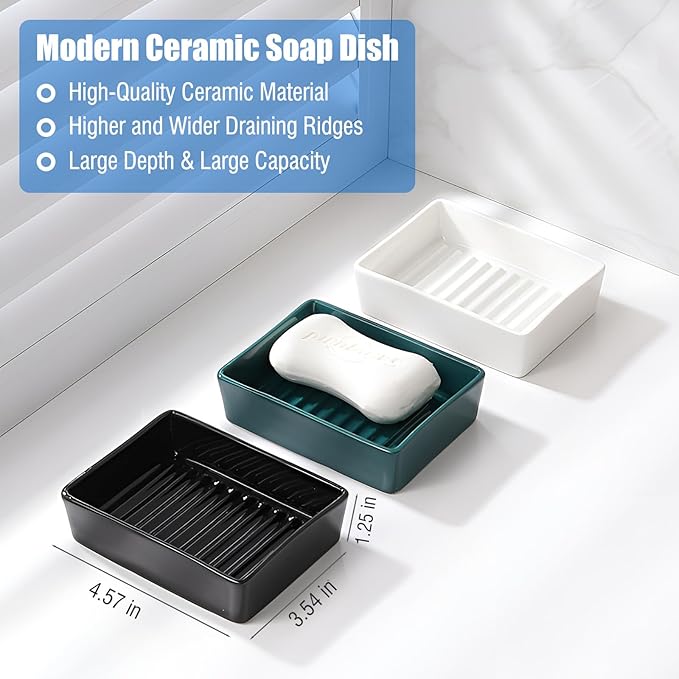 Minimalist Ceramic Soap Dish, White Soap Dish with Higher Draining Ridges, Decorative Soap Holder, Multi-Purpose Bar Soap Holder for Bathroom Sink, Shower, Kitchen, Easy to Clean