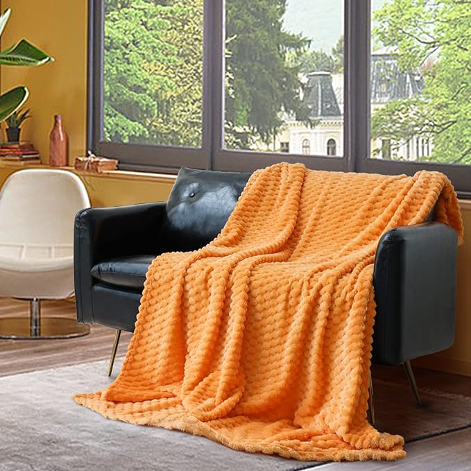 Vessia Flannel Fleece Twin Blanket(60x80 inch), 3D Jacquard Light Orange Fuzzy and Warm Blanket for Couch,Sofa,Chair, 300GSM Super Soft Touch Cozy Lightweight Bed Home Decor for All-Season