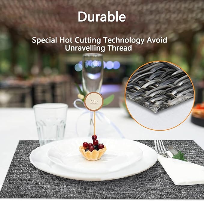DACHUI Placemats Set of 6, Linen Look Woven Place Mats, Water Resistant, Heat Resistant, Washable, Durable Table Mats (Dark Grey)