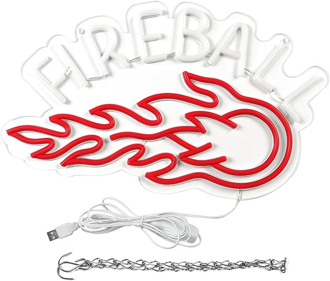 Neon Sign, LED Neon Light Sign 17x10, USB Powered Decorative Bar Open Sign for Home Bar Store Party Decor,FIREBALL Whiskey Neon Lights for Man Cave