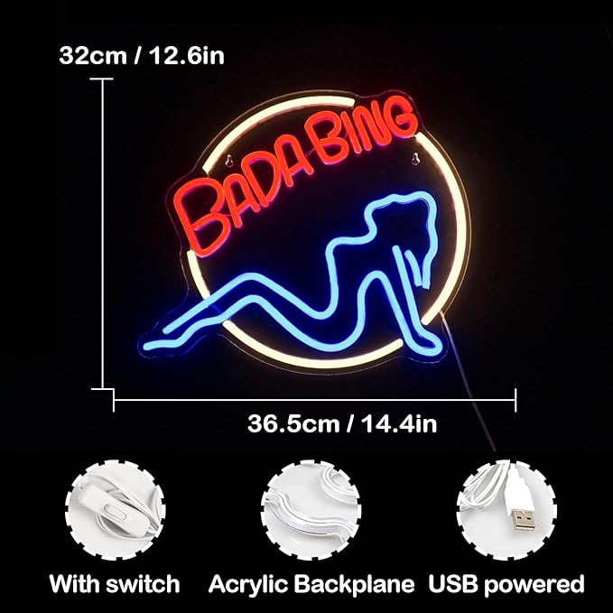 Bada Bing Neon Signs Led Sign for Bedroom Sopranos Merch Light up Sign Neon Light Sign with USB/Switch Operated Man Cave Led Neon Sign for Wall Decor Bar Club Party Bedroom