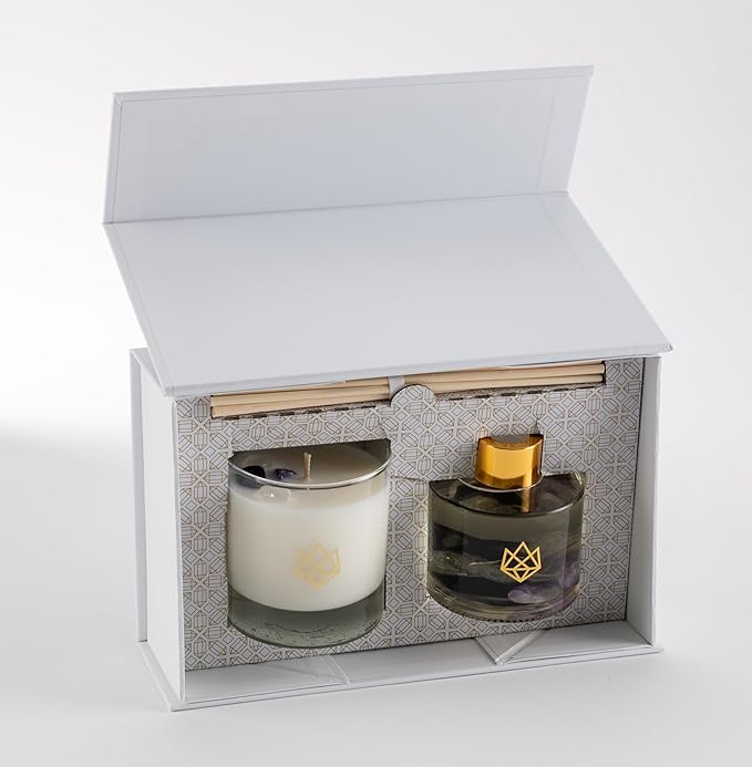 Luxury Candle & Diffuser Set, Transformation - Amethyst, Black Tourmaline & Clear Quartz Crystal Infused - Scents of Jasmine, Bergamot, Vanilla, & Cedar