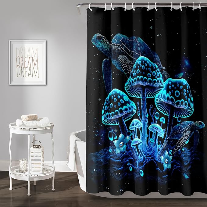 AILONEN Blue Magic Mushroom Shower Curtain,Cartoon Turtle Pattern Shower Curtain Set for Kids Girls Boys,Boho Style Bathroom Decor Shower Curtain with 12 Hooks,48" W*72" H