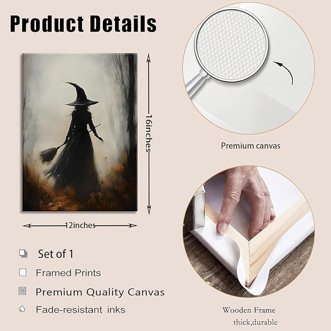ILLBDR Halloween Vintage Witchy Wall Art Prints Creepy Gothic Dark Moody Pictures Decor Dark Academia Witches Victorian Painting Canvas Posters for Bedroom Bathroom 12x16 inch Framed