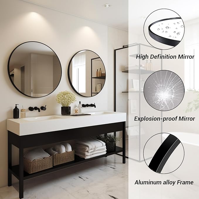 Round Mirror 28 inch, Round Black Mirror, Circle Bathroom Mirrors Metal Frame, Wall Mounted Circle Mirrors for Bathroom, Living Room, Hallway, Farmhouse.