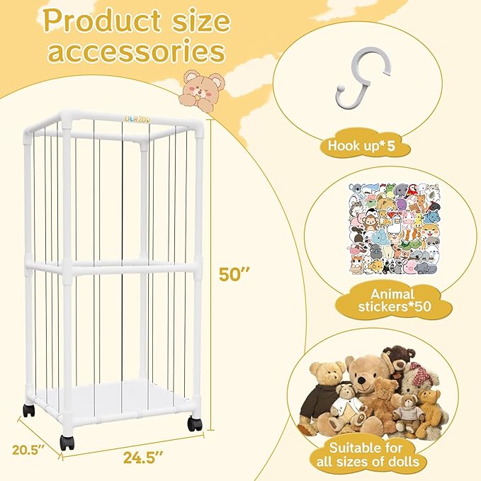 Extra Large Stuffed Animal Zoo Cage with Wheel, Stuffed Animal Storage Shelves Display, Plush Animal Storage Holder for Stuffed Animals, Playroom, Bedroom, Nursery, Kids Toy Storage Organizer