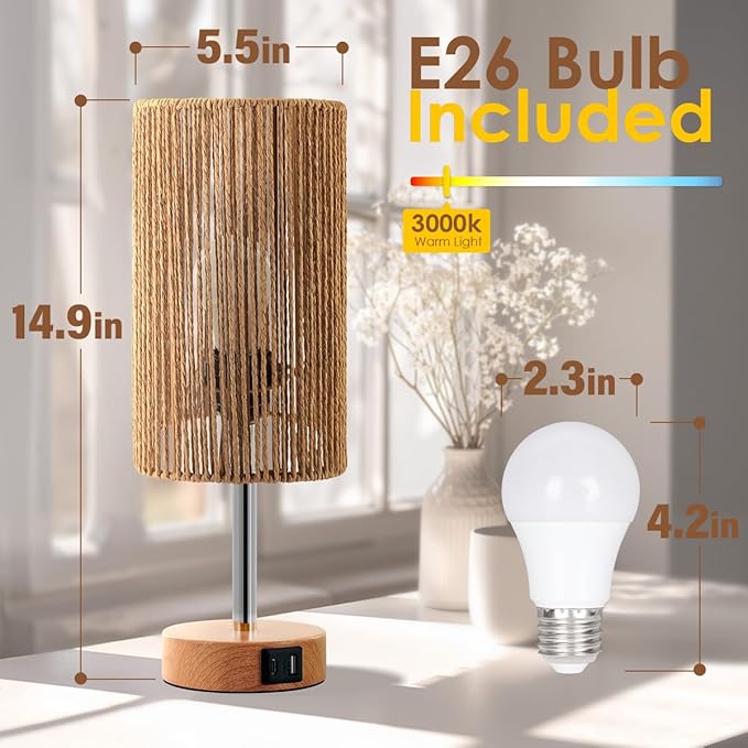 Yarra-Decor Bedside Lamp with USB Port - Touch Control Table Lamp for Bedroom (Rattan)