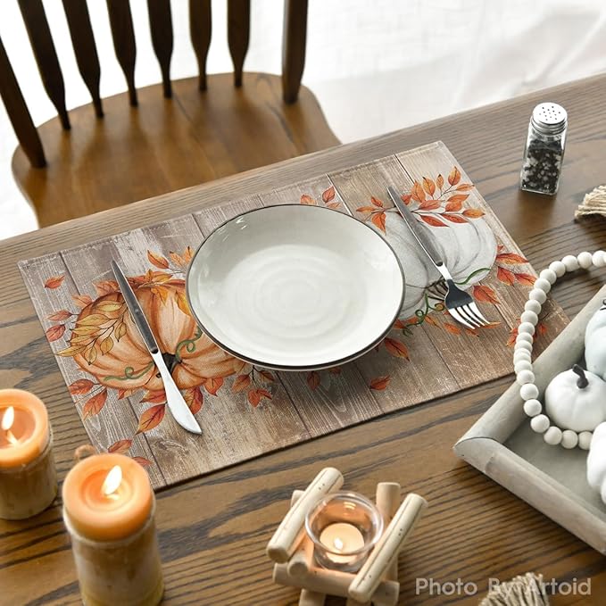 Artoid Mode White Pumpkin Wood Grain Fall Placemats Set of 6, 12x18 Inch Seasonal Thanksgiving Holiday Table Mats for Party Kitchen Dining Decoration