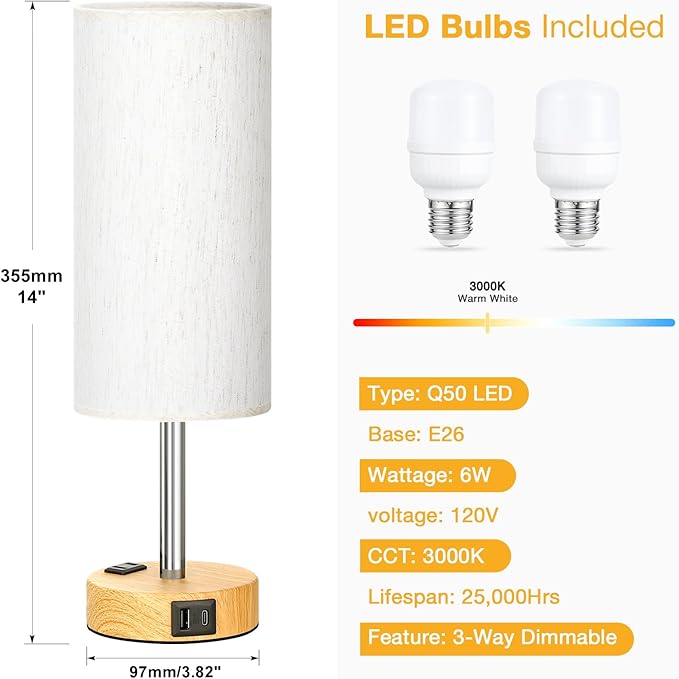 Touch Bedside Table Lamps Set - 3 Way Dimmable Bedroom Lamps Set of 2 with USB C and A Ports, Small Lamps for Nightstand with AC Outlet, Wood Base Round Flaxen Shade for Desk, Office, Dorm, Nursery