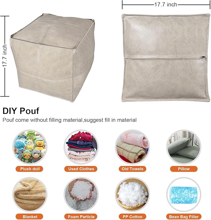 Louis Donné Pouf Ottoman Cover, Handmade Faux PU Leather Moroccan, Unstuffed Pouffe Ottomans, Grey White 17.7" Square, Ottoman Foot Rest for Living Room, Floor Chair for Christmas Decorations Gift