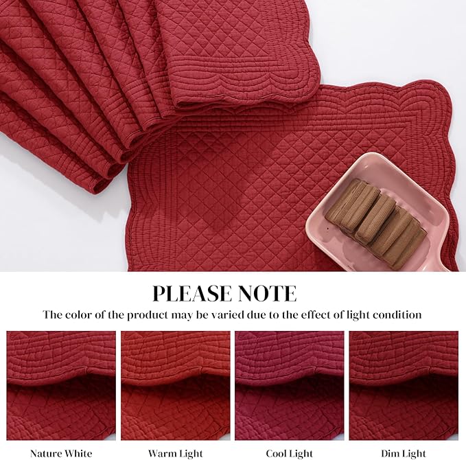 HOMBYS Quilted Placemats Set of 6 Washable-13x18 inches Rectangular Placemats for Kitchen Table-100% Cotton fabric cover and 100% polyester fiber filling Rectangular Table Mats-Cotton (18"x13", Red)