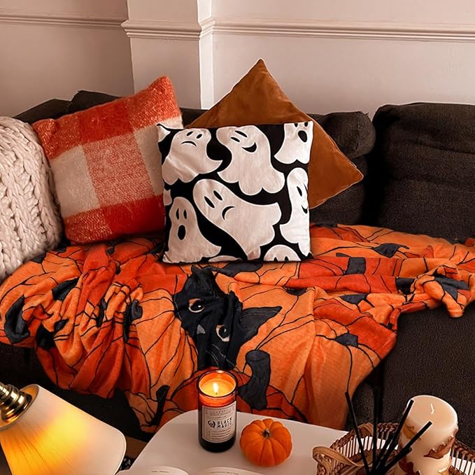 Fall Thanksgiving Blankets,Cat Orange Pumpkin Maple Leaf Farmhouse Blanket Throw, Flannel Fleece Throw Blanket for Home Living Room Couch Bed Chair or Dorm Decor 60"x50"