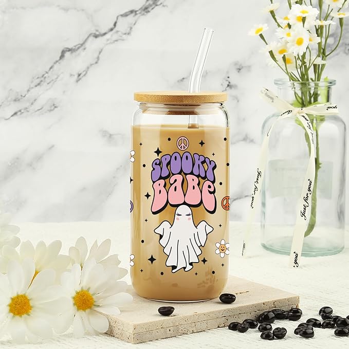Gift for Her, Halloween Sister Friend Gifts, Spooky Season Gift, Hallowmas Glass Can Cups, Stay Spooky GIced Coffee Mug, Fall Glass Cups, Halloween Gifts, Hallowmas Lover 16 OZ Cup with Lid and Straw