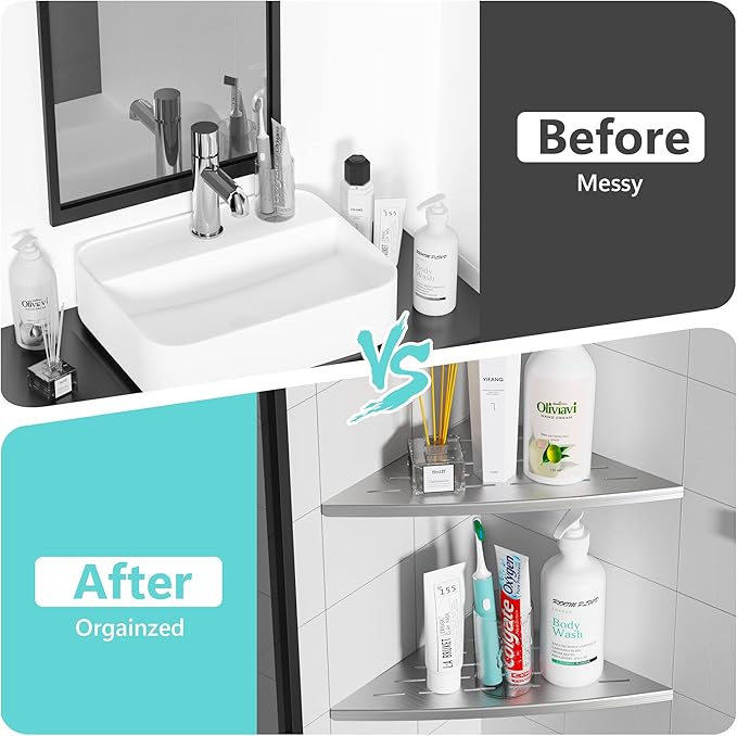 Corner Shower Shelf Brushed Nickel, 304 Stainless Steel 11.5” Recessed Corner Shelf Bathroom for Tiled Wall, Floating Shower Shelves Shampoo Holder, No Drilling, 2 Pack