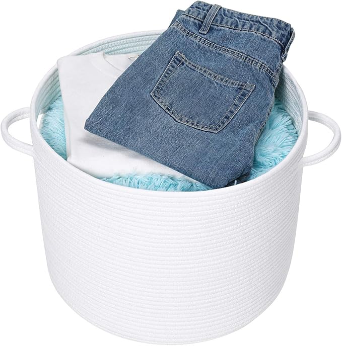 16" x 16" x 13" Medium Storage Basket with Lid, Cotton Rope Storage Baskets, Laundry Hamper, Cloth Bin, for Clothes Blankets Pillows Storage in Living Room, Full White with Cover
