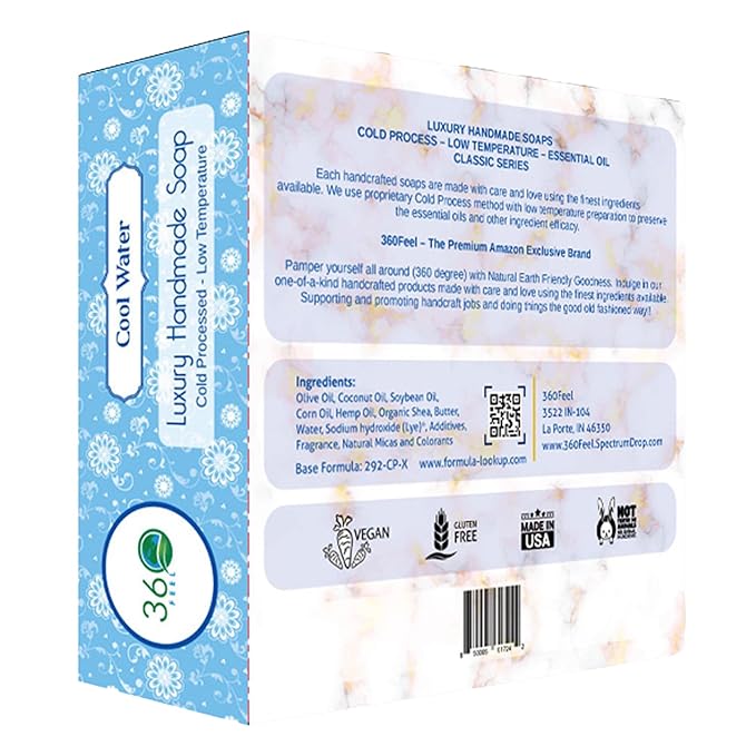 360Feel Cool Water Soap - Handcrafted Castile Natural Soap Bar with Soothing Scent - Handmade with Essential Oils - Ideal Gift for Anniversaries, Weddings and Holiday Stockings - Rich Lather - 5 Ounce