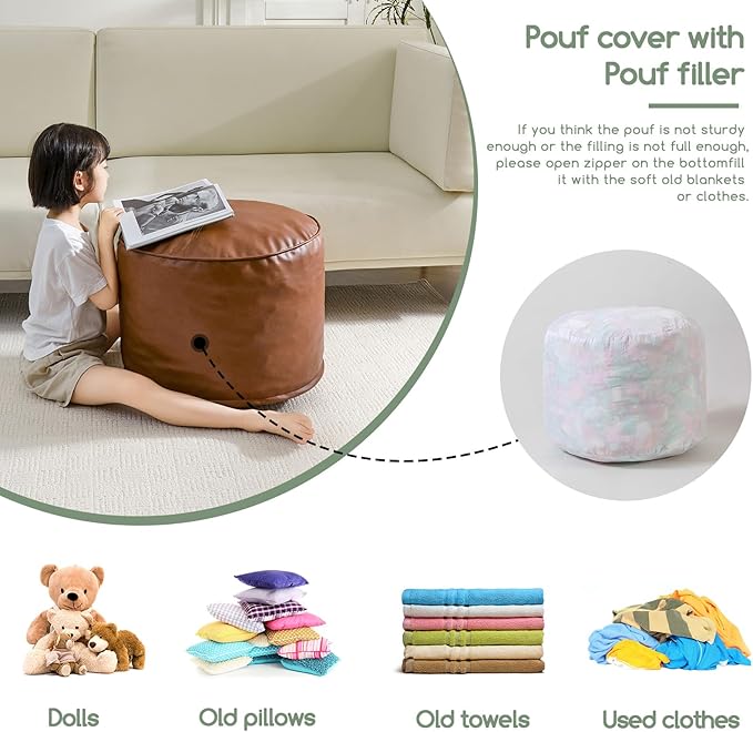 HIGOGOGO Round Stuffed Pouf Ottoman, Pu Leather Poufs with Foam Chunk Filling, Furry and Fluffy Pouf Foot Stool Storage Ottoman, 26 X 18 Floor Poufs Foot Rest for Living Room,Brown
