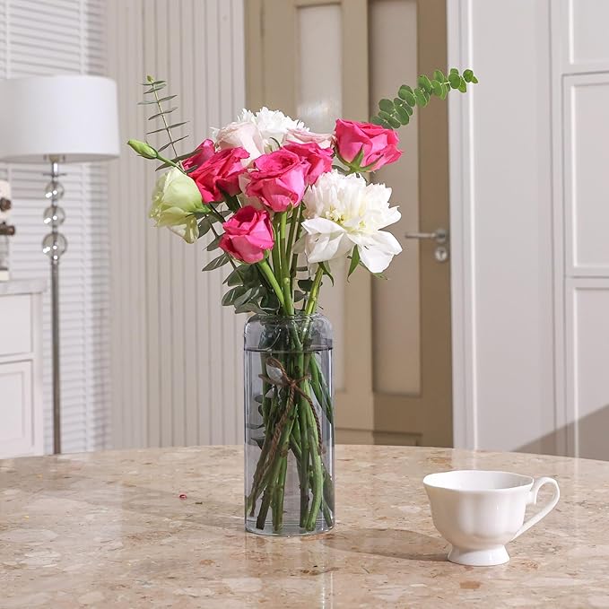 ComSaf Glass Flower Vase, 8 Inch Tall Bud Vases, Home Decor Vases for Centerpiece for Living Room and Bedroom, Decorative Vases for Wedding, Valentines' Day, Mother's Day (Grey)