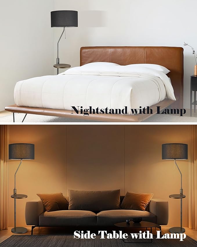 ELYONA C Shaped End Table Floor Lamp with USB A+C Charging Ports Wood Side Table Modern Reading Light Black Linen Shade Farmhouse Tall Standing Lamp for Living Room Bedroom Office LED Bulb Included