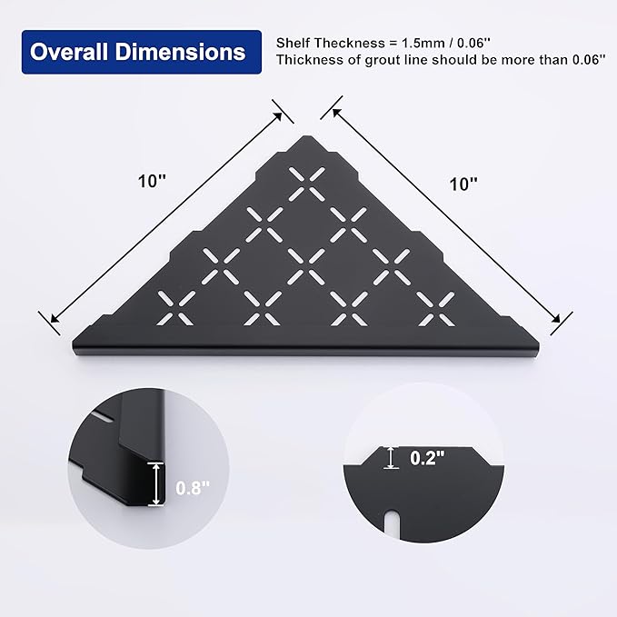 12" Corner Shower Shelf, 1-Pack Shower Shelves SUS304 Stainless Steel Bathroom Shelves for Tile Walls, Recessed Corner Shelf Organizer Rack, No Drilling (Matte Black)