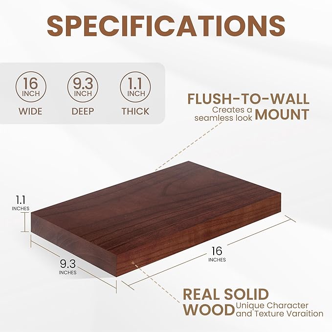 Fun Memories 9 Inch Deep Floating Shelves, Rustic Solid Wood Floating Shelf 16 Inch Long, 16 x 9 Wide Bathroom Shelves for Storage & Display, Walnut Color