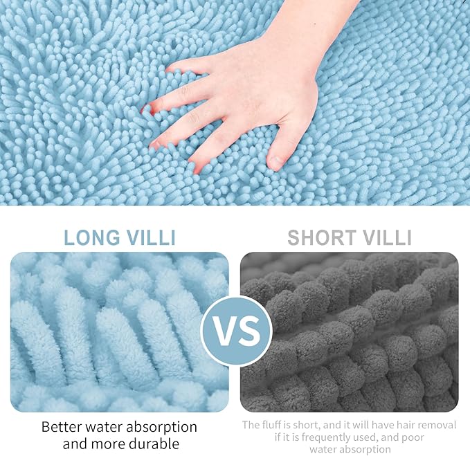 Bathroom Rugs 2 Pieces Chenille Bath Rug Mat, Extra Thick and Soft Absorbent Bath Rugs, Machine Washable, Non-Slip Plush Bath Mats for Tub, Shower, Room, (Light Blue, 32"x20"+24"x16")