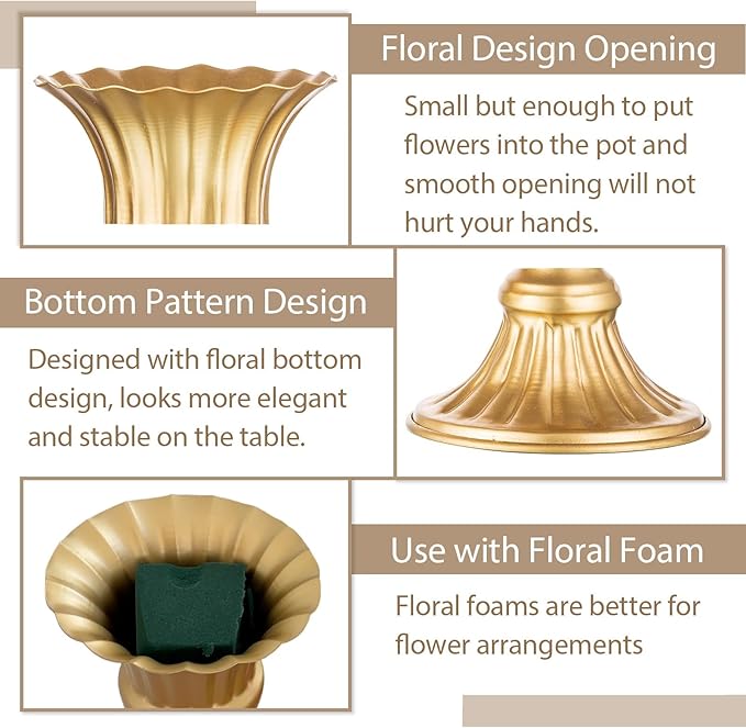 Sziqiqi Gold Flower Arrangements Vase for Wedding Table Centerpiece - 9in Metal Planter Vase Pot for Artificial Real Flower Small Trumpet Plant Urn for Garden