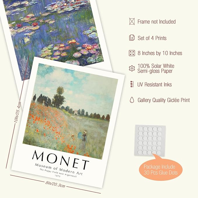 InSimSea Wall Art Prints Poster Claude Monet Artwork Paintings Art Posters, Unframed Famous Paintings for Wall Decorations, Monet Water Lilies Wall Art Pictures for Living Room Wall Decoration 8x10in