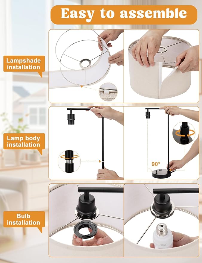 Gray Side Table Lamp with USB Port and Outlet, Dimmable Nightstand Bedside Lamps with Linen Lampshade, Desk Lamp for Bedroom, Living Room, Guest Room, Home Office, LED Bulb Included