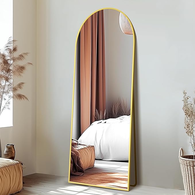 Delma Wall Mirror Full Length Mirror,Standing Mirror Full Body,Large Floor Mirror for Wall Door Bedroom Bathroom Living Room with Aluminium Frame(with Stand,Arch 56x20-Gold)