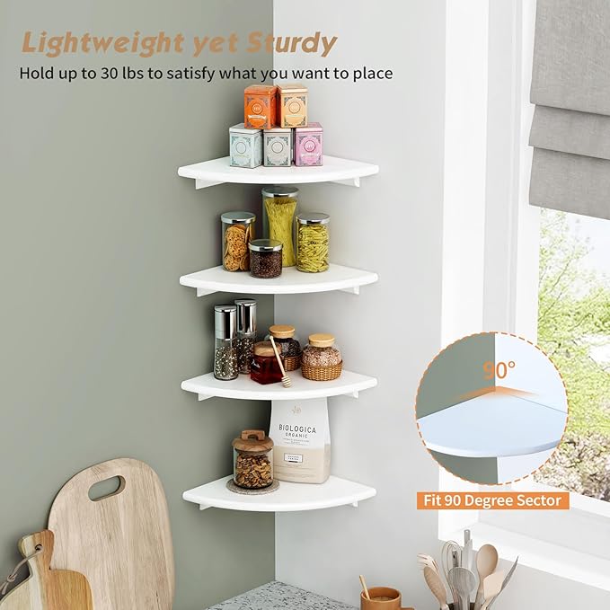 Forbena White Corner Floating Shelves for Wall Set of 4, Rounded Corner Shelves Wall Mounted for Kids Bedroom Books, Cute Wood Hanging Corner Shelf for Bathroom Decor, Living Room, Small Spaces