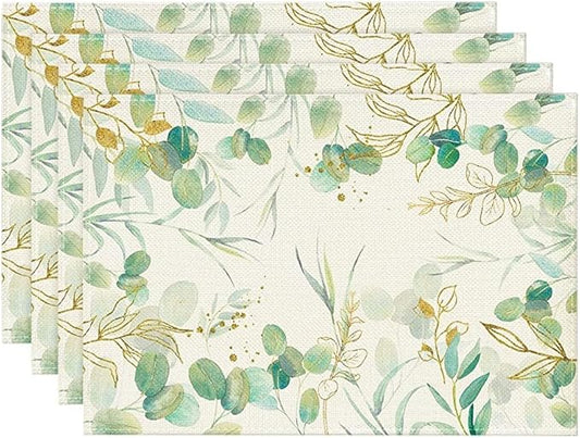 Artoid Mode Eucalyptus Summer Placemats for Dining Table, 12 x 18 Inch Spring Seasonal Holiday Decoration Rustic Vintage Washable Table Mats Set of 4 Beige