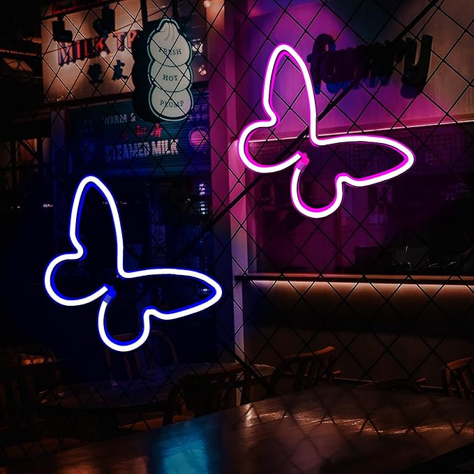 2 Butterfly Neon Signs, LED Night Lights for Bedroom & Kids Room Decor, USB/Battery Powered for Wedding, Birthday Parties & Art Decorations
