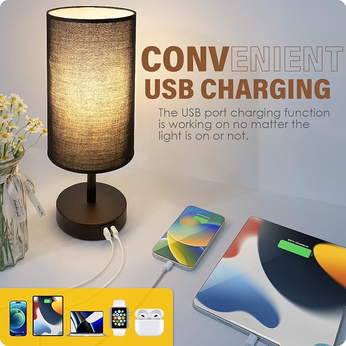 Yarra-Decor Bedside Lamps with USB Port - Touch Control Table Lamp for Bedroom 3 Way Dimmable Nightstand Lamp Set of 2 with Round Black Fabric Shade for Living Room, Dorm, Home Office (Black, 2 Pack)