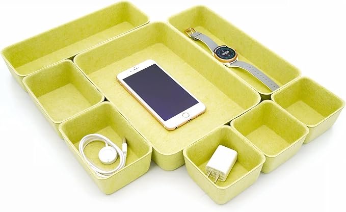 Welaxy Drawer organizers trays Felt storage bins office Desk Minimalist Lifestyle Natural Shallow Box 8-Piece back to school off to college gift solution (Linden green)