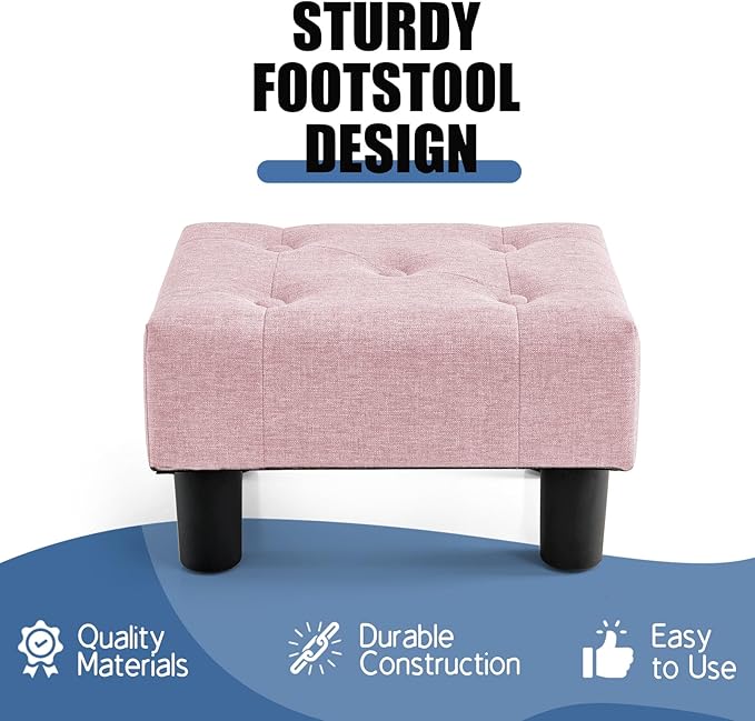 BRIAN & DANY Small Foot Stool, Linen Foot Stools with Legs, Stable Small Footstool for Living Room, Pink