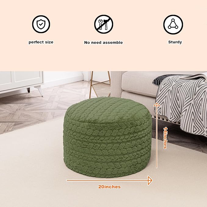 Round Pouf Ottoman 20 x 20 x 14 Inches Boho Poof Home Decor Floor Pouffe Ottoman Foot Rest for Couch Sofa Bean Bag Chairs Living Room Bedroom (Green)
