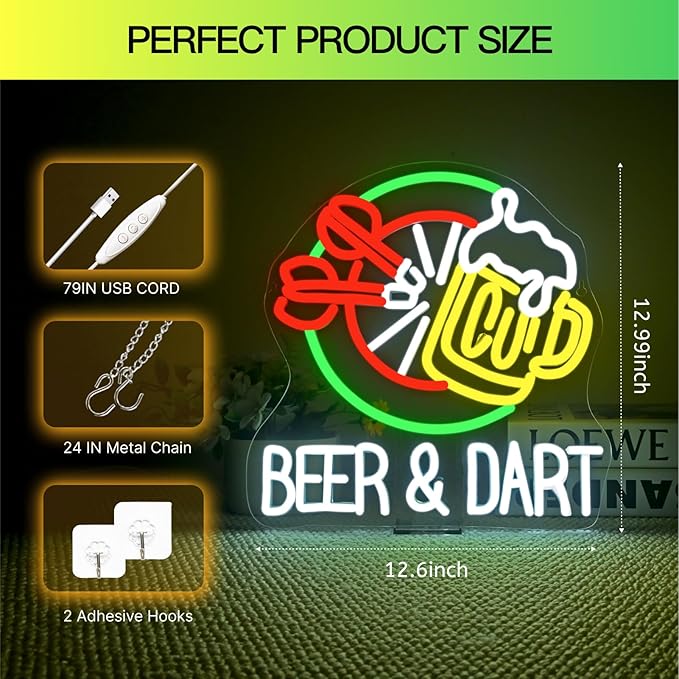 Beer & Dart Neon Sign – Fun Bar Wall Light with Dartboard and Beer Mug Design – 13"x12.6" LED Decor for Game Room, Pub, or Man Cave, USB Powered, 5V/2A,Dimmable