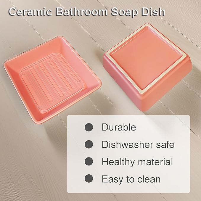 Square Soap Case Ceramic Soap Tray Fit Dr. Squatch Natural Bar Durable Soap Holder for Shower Home Bathroom Soap Dishes Daily Use Sink Bathtub (Pink)