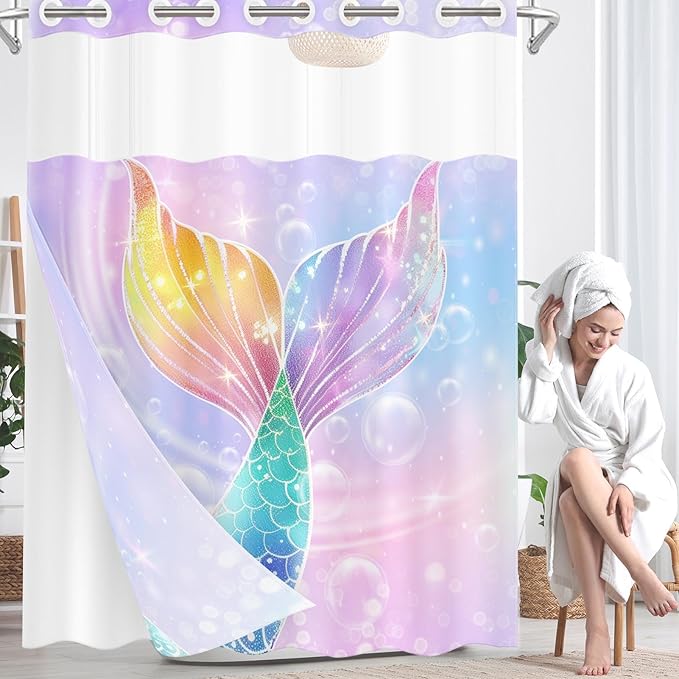 Mermaid Galaxy Summer No Hook Shower Curtain with Snap in Liner, Pink Purple Kids Girl Bath Curtain with Double Layers Waterproof Fabric and Mesh Top Window 71x74 Inch