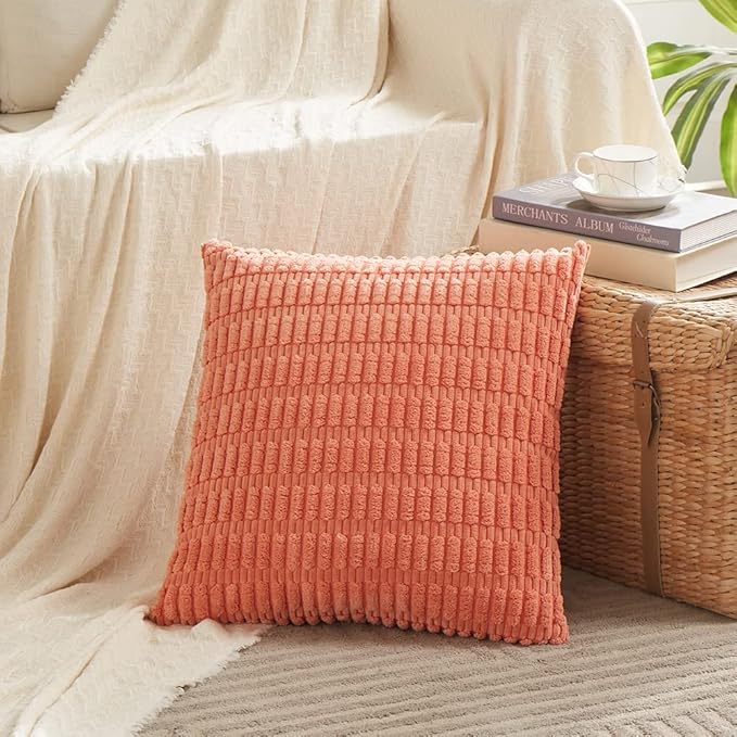 Fancy Homi 4 Packs Boho Coral Decorative Throw Pillow Covers 20x20 Inch for Living Room Couch Bed Sofa, Rustic Modern Farmhouse Home Decor, Soft Plush Corduroy Square Peach Cute Cushion Case 50x50 cm