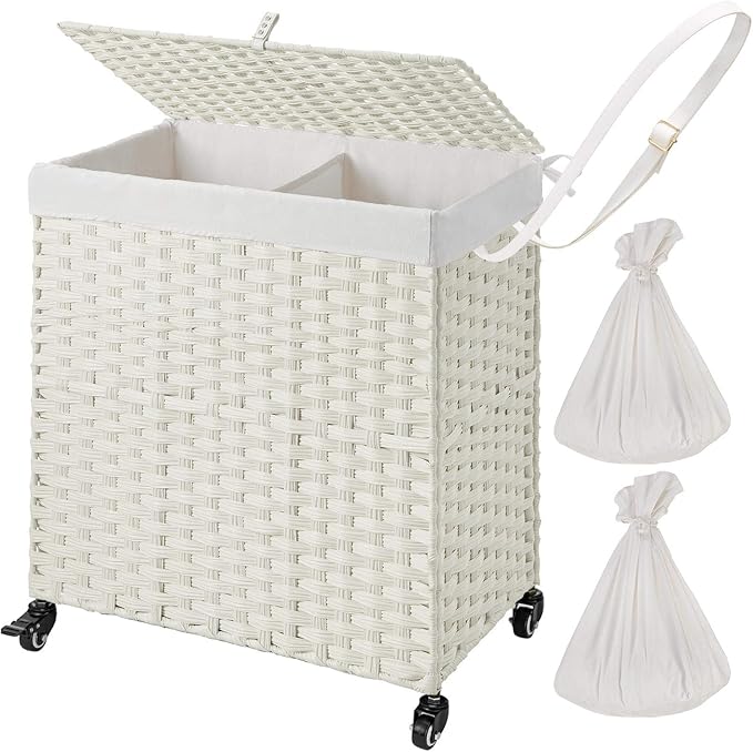 Greenstell Laundry Hamper with Wheels, No Install Needed, 110L Divided Handwoven Hampers & 2 Removable Liner Bags, Rattan Clothes Laundry Basket with Lid & Handles, Foldable Hampers White