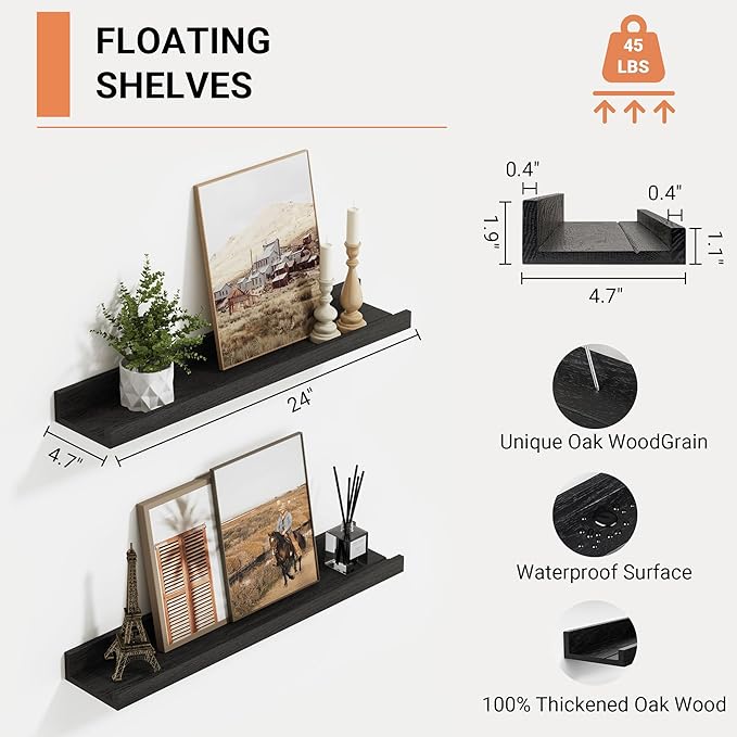 Floating Shelves Wall Mounted Set of 2, Modern Black Wall Shelves for Storage with Lip, Display Picture Ledge Shelf for Bedroom Kitchen Bathroom Living Room Nursery Display