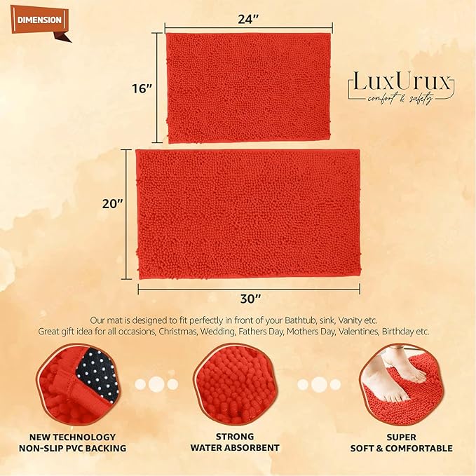 LuxUrux Coral Bathroom Rugs 2 Piece Set-Extra-Soft Plush Bath mat Bathroom Rugs,1/'' Chenille Microfiber Material, Super Absorbent (30" x 20" Plus 23" x 15", Coral)