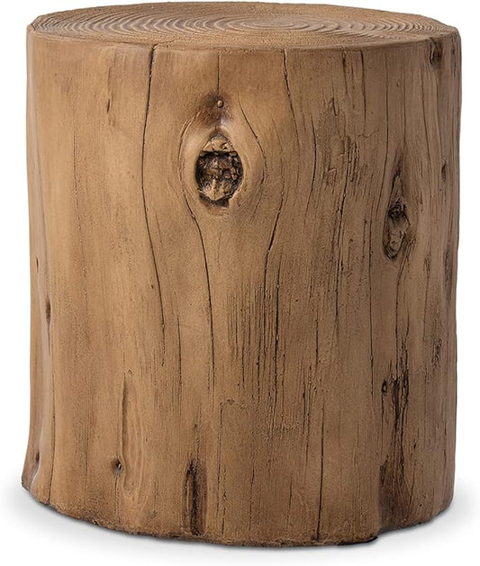 COSIEST Outdoor End Table Light Oak Colored Faux Wood, Hand-Painted Wood Stump Stool, Ottoman or Plant Stand, Deck or Garden