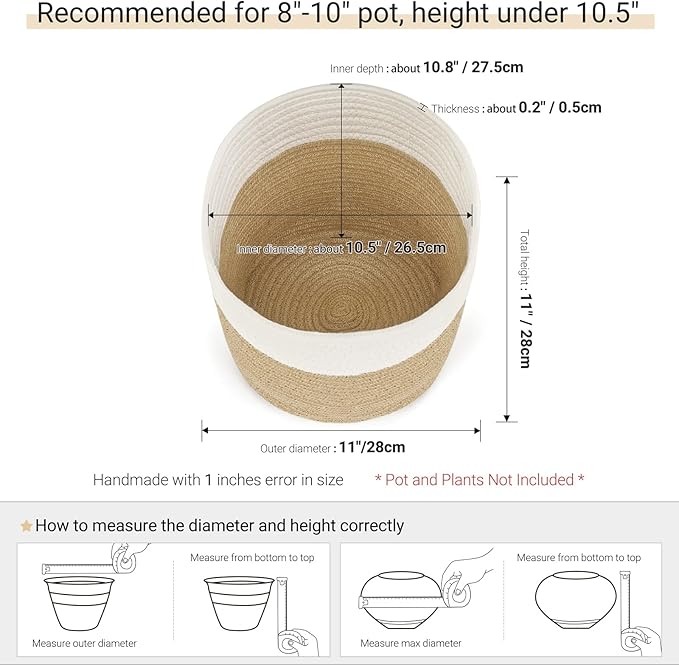 Dahey Jute Spliced Cotton Rope Plant Basket Modern Woven Storage Basket for 10" Floor Indoor Planter, Decorative Flower Pots Cover Laundry Bin with Handle Rustic Home Decor, White and Beige