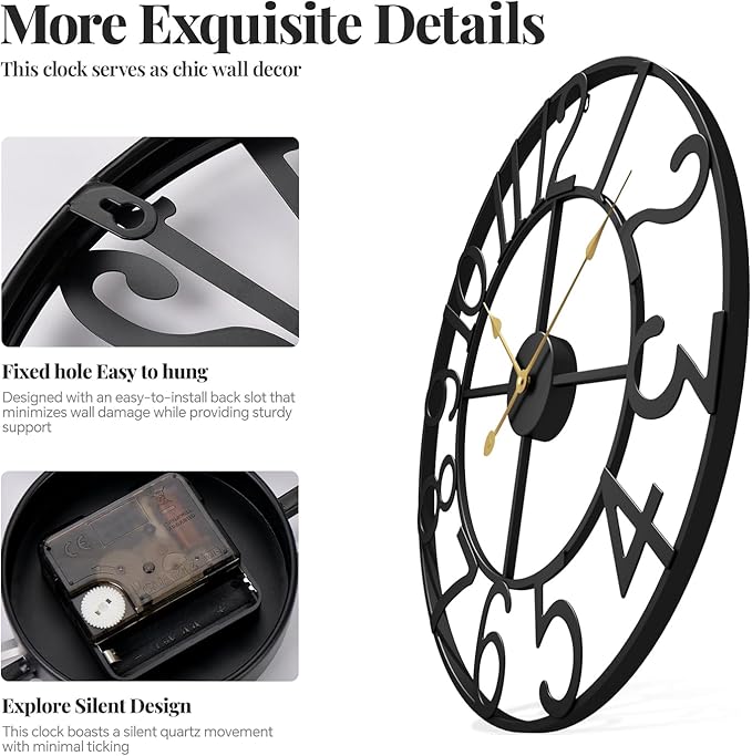 Large Wall Clock for Living Room Kitchen Mantel Decor, 30 Inch Decorative Wall Clock Silent Non Ticking Battery-Operated Metal Round Modern Black Wall Clocks Arabic Numerals