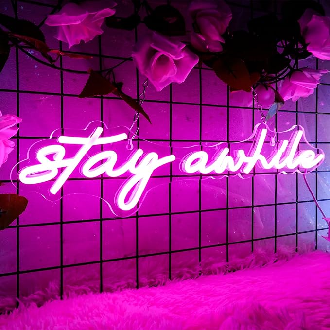 Pink Stay Awhile Neon Signs - IMEGINA Dimmable LED Bar Neon Sign for Wall Decor 19.7x5 Inch, USB Powered Cool Neon Light for Bedroom Home Room Pub Party, Birthday Christmas Gift